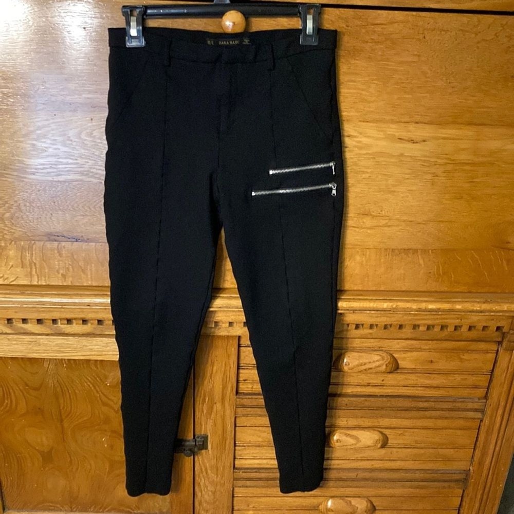 Zara Basic Moto Edgy Black Skinny‎ Ankle Pants Double Zipper Detail Size Medium